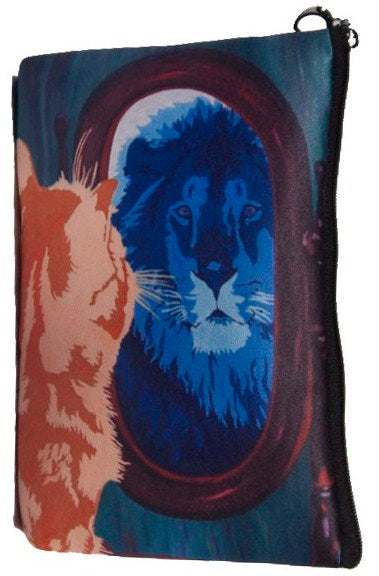 cat looks in mirror and sees a lion  make-up bag