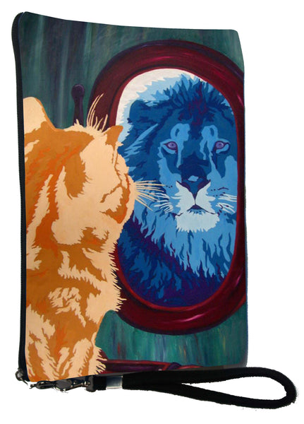 cat looks in mirror and sees his reflection as a lion wristlet