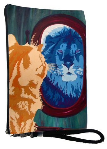 cat looks in mirror and sees his reflection as a lion wristlet