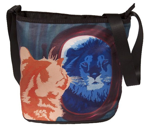cat looks in mirror and sees his reflection as a lion large cross body bag