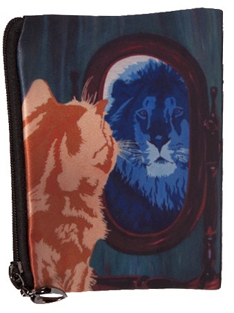 cat looks in mirror and sees a lion coin purse