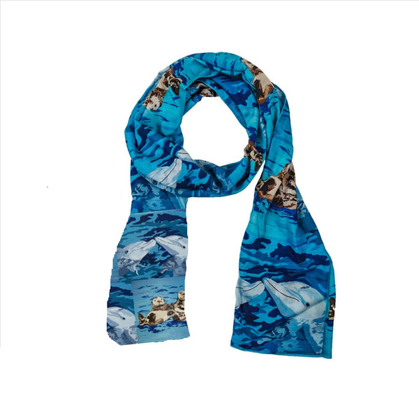 Ocean Animals Animal Viscose Scarf- Sea Otter and Dolphins - Best Friends and The Kiss