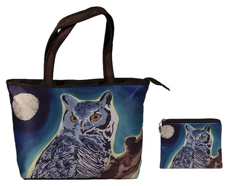 great horned owl tote bag and matching change purse