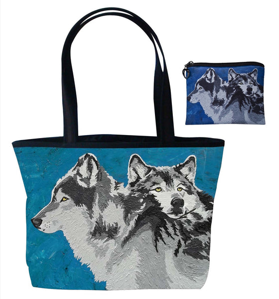 wolf tote bag and matching change purse